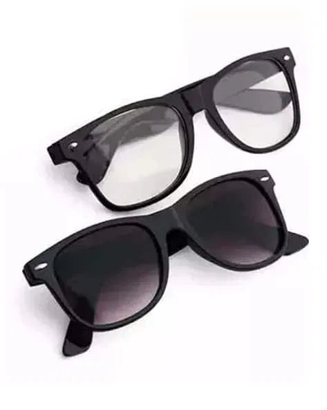 Two pairs of black sunglasses on a white background